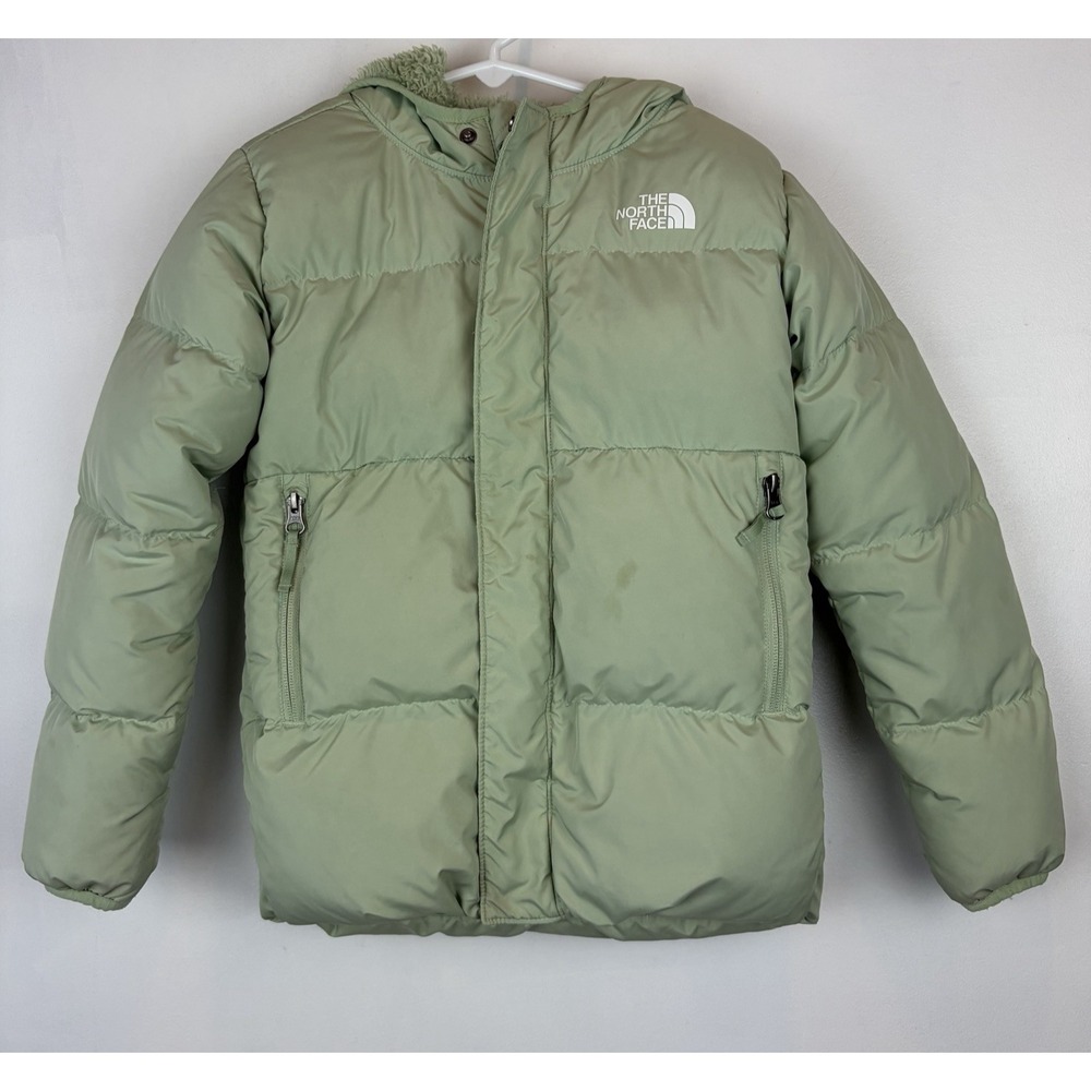 The North Face Girls 7 Coat Hooded Down Fleece Lined Jacket Full Zip Green Read